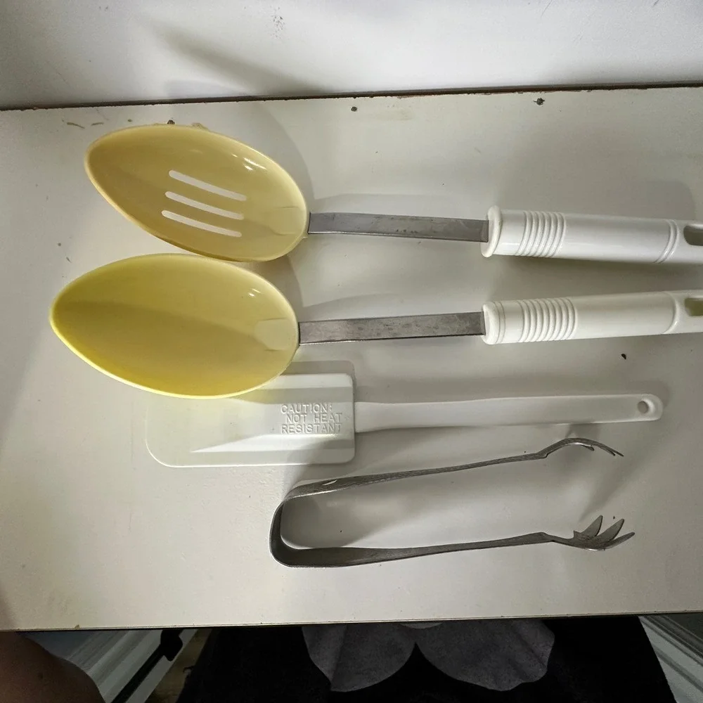 Vintage Kitchen Utensil Set Yellow Serving Spoons Spatula Tongs Stainless Steel